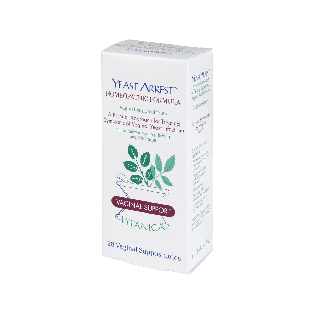 Vitanica Yeast Arrest foil-wrap suppositories for discreet, easy use and comfort.