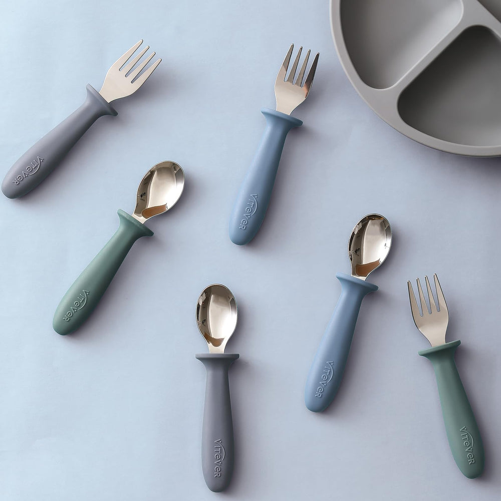 VITEVER kid-sized utensils fit small mouths for easier self-feeding.