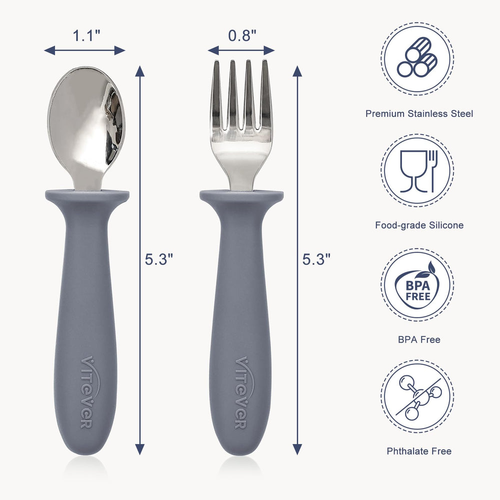 VITEVER utensils with silicone handle for a comfortable grip for small hands.