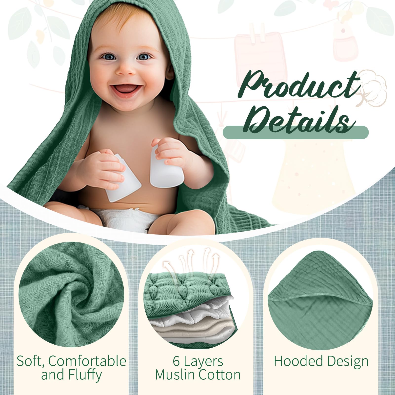 VitalCozy hooded towel 32x32 inches keeps baby warm after bath.