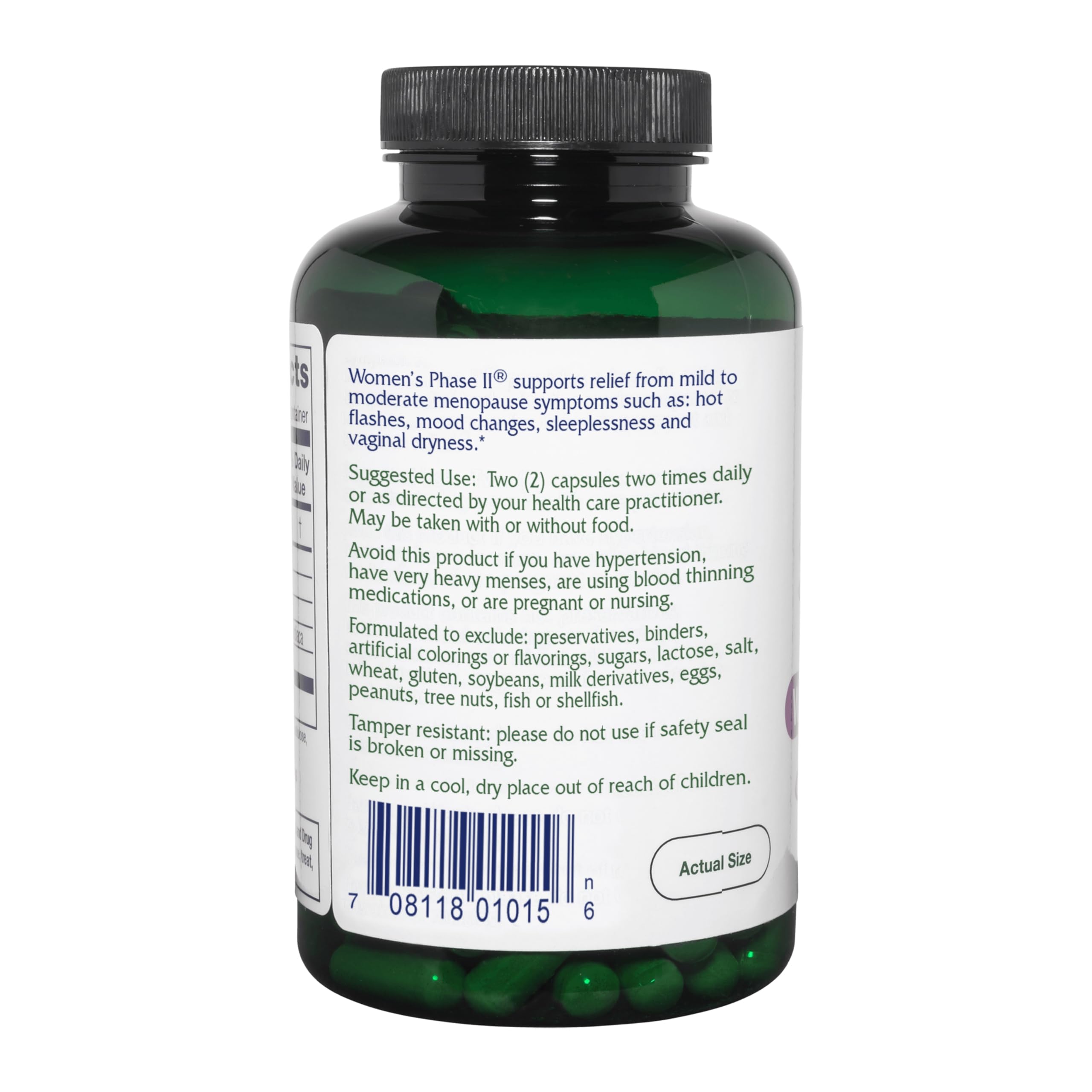 Vitanica Women's Phase II capsules poured from bottle, ready for daily menopause support.