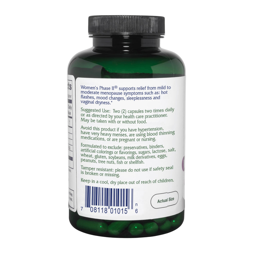 Vitanica Women's Phase II capsules poured from bottle, ready for daily menopause support.