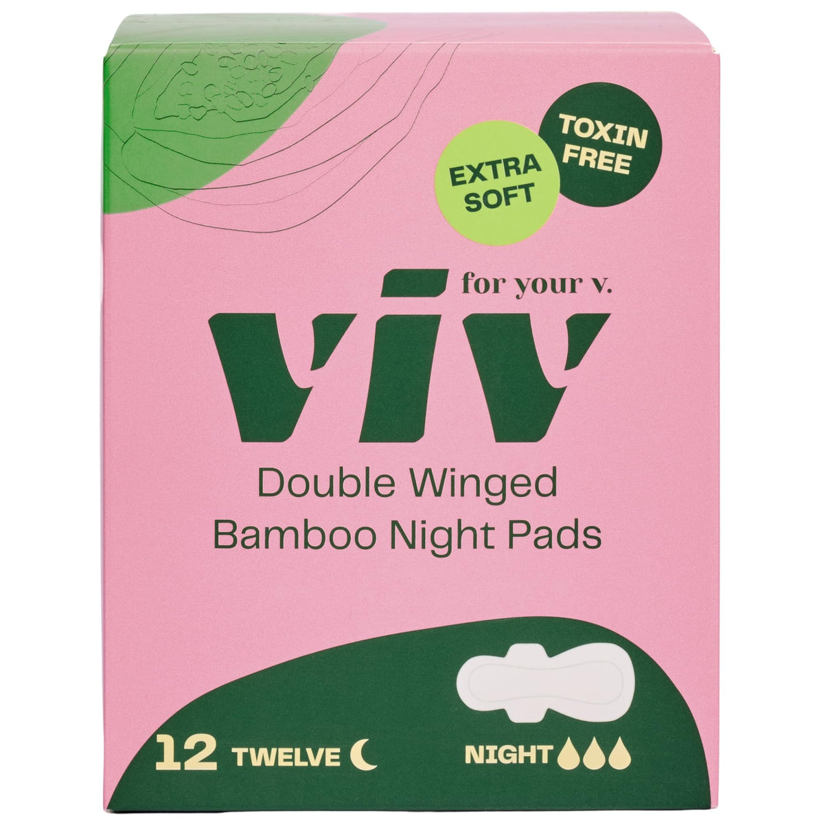 Viv for Your V bamboo overnight pad package highlights eco-friendly design and night protection.