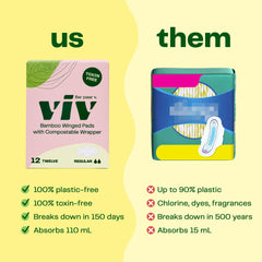 Viv for Your V bamboo pad packaging emphasizes sustainability and less plastic waste.
