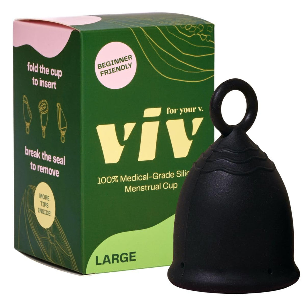 Viv for Your V large menstrual cup pull tab ring stem for easy removal during daily activities.
