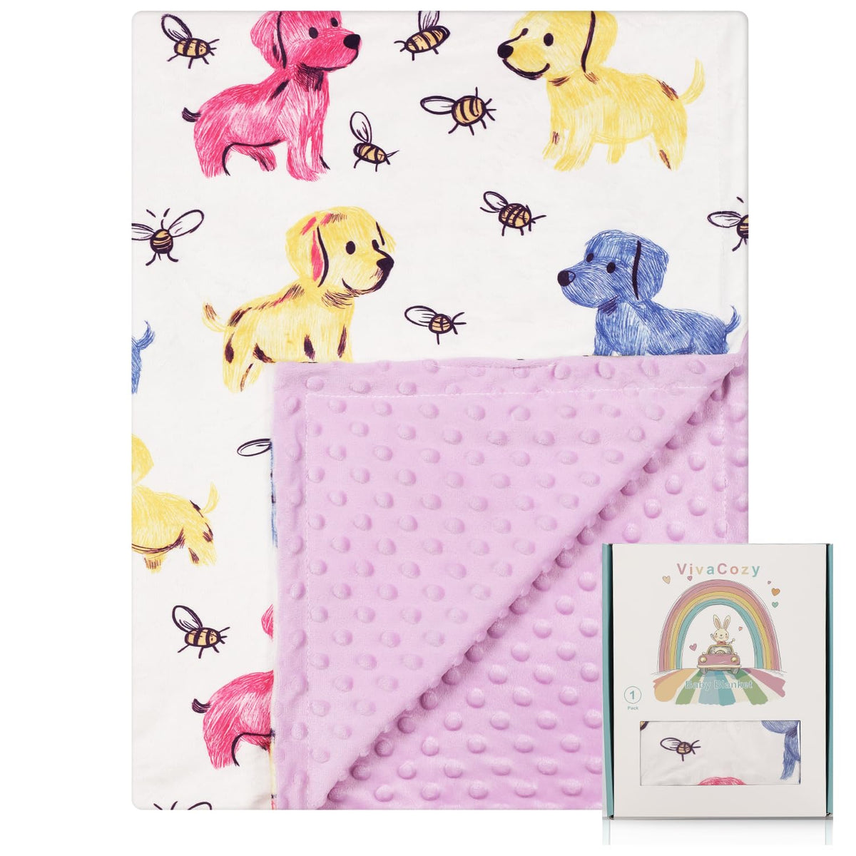 VivaCozy baby blanket with dog bee purple pattern offers cozy comfort for naps