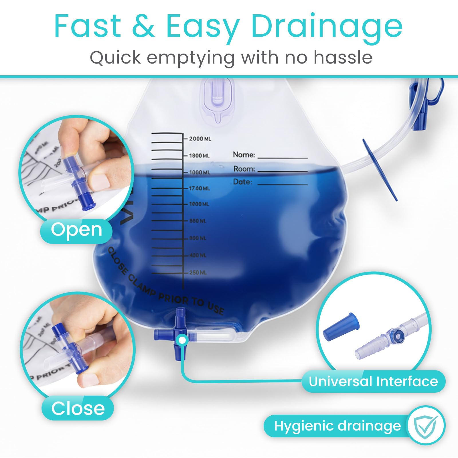 Vive 2000 mL capacity drainage bag ready for overnight needs.