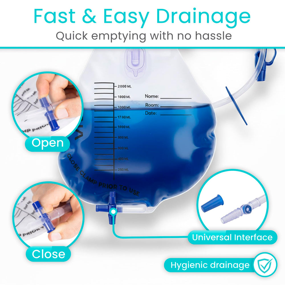 Vive 2000 mL capacity drainage bag ready for overnight needs.