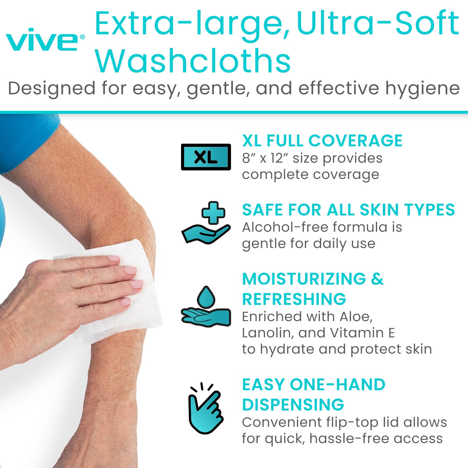 Vive 300-count wipes with secure lid for quick one-hand use.