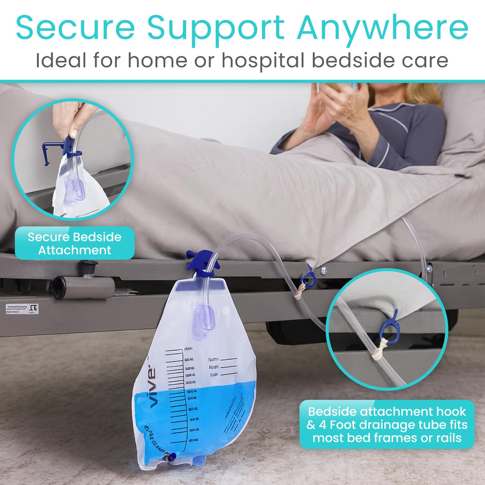 Vive drainage bag shows clear ports and volume indicators for monitoring.