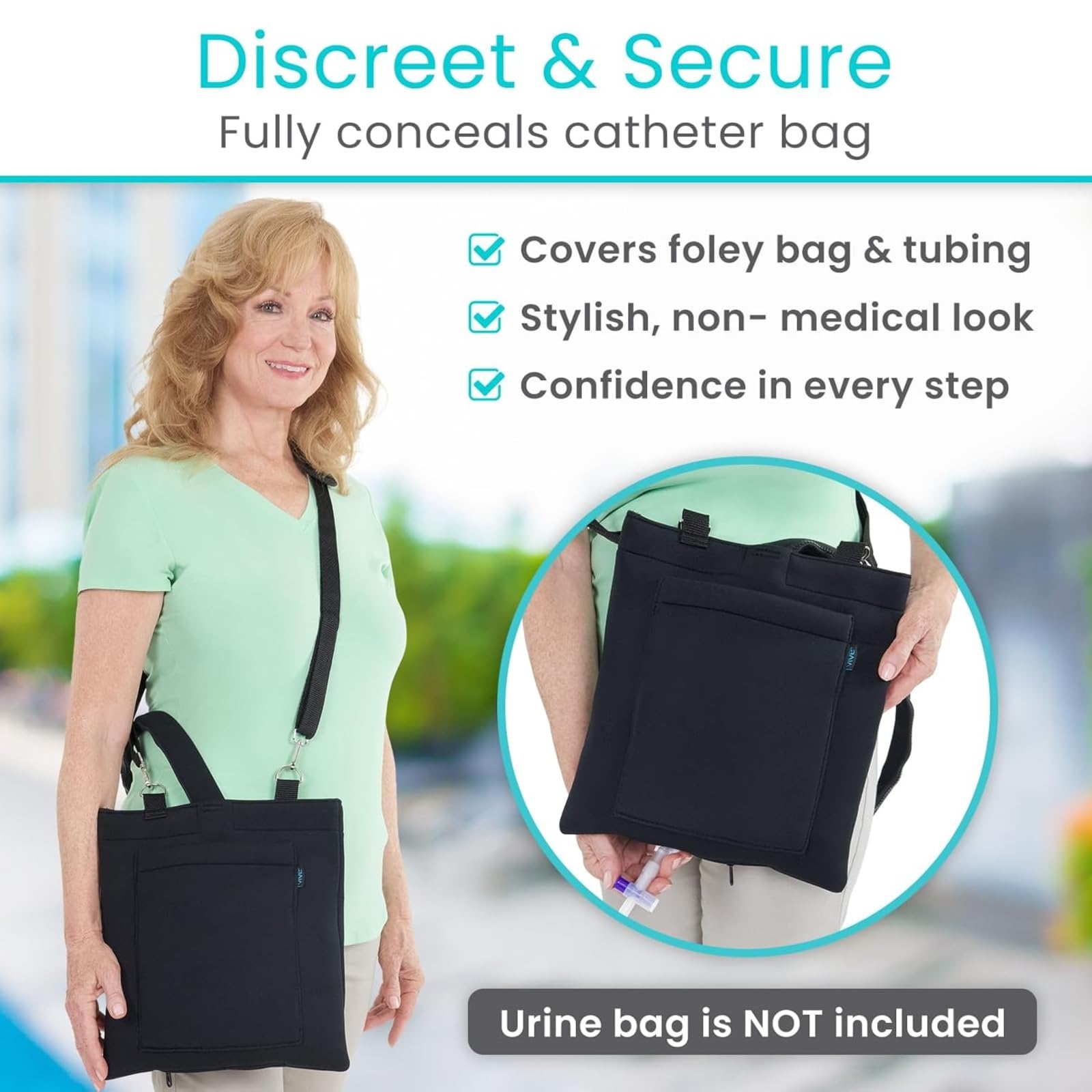 Vive adjustable straps attach to walkers or wheelchairs for hands-free carry