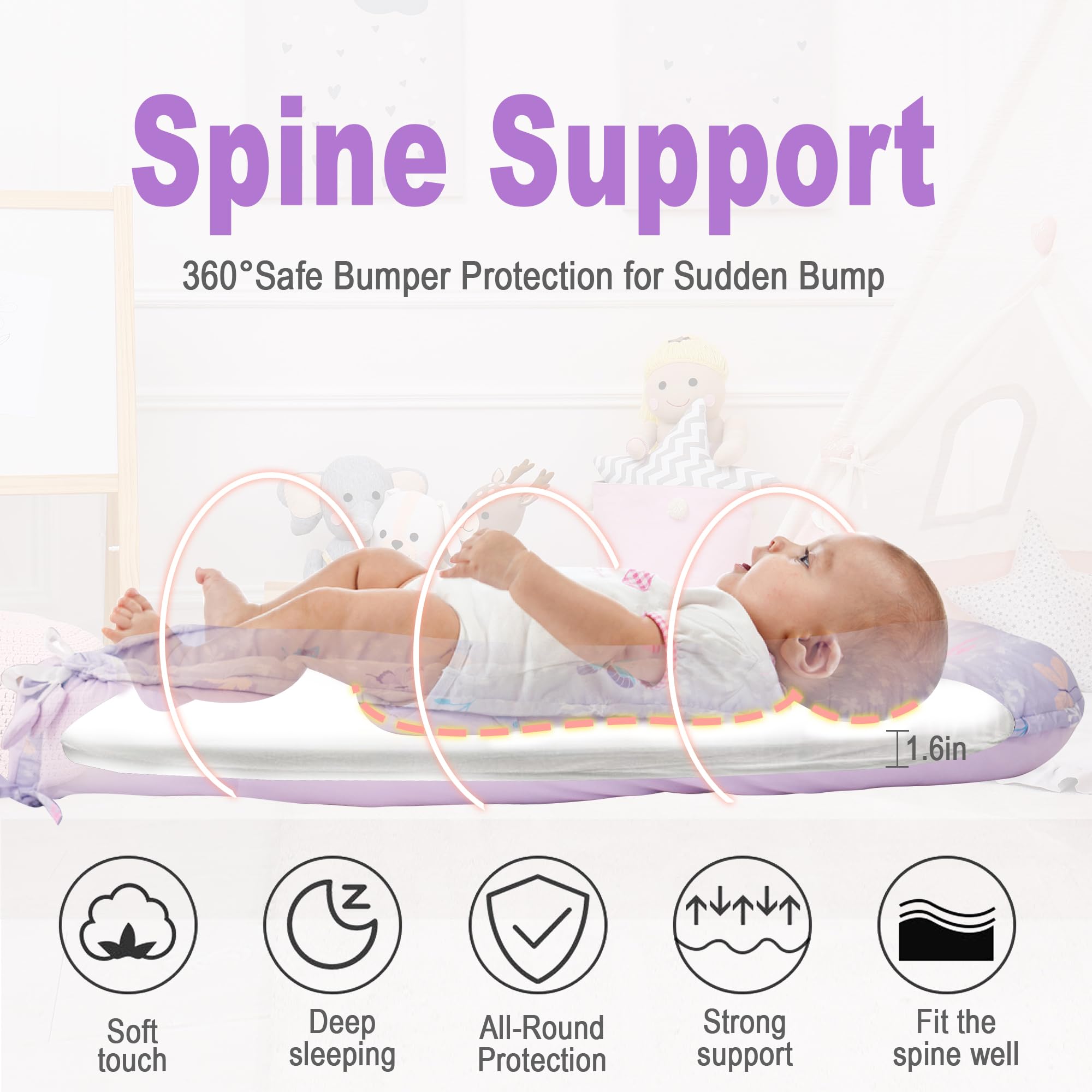Viviland baby lounger bumper foam provides gentle side support.