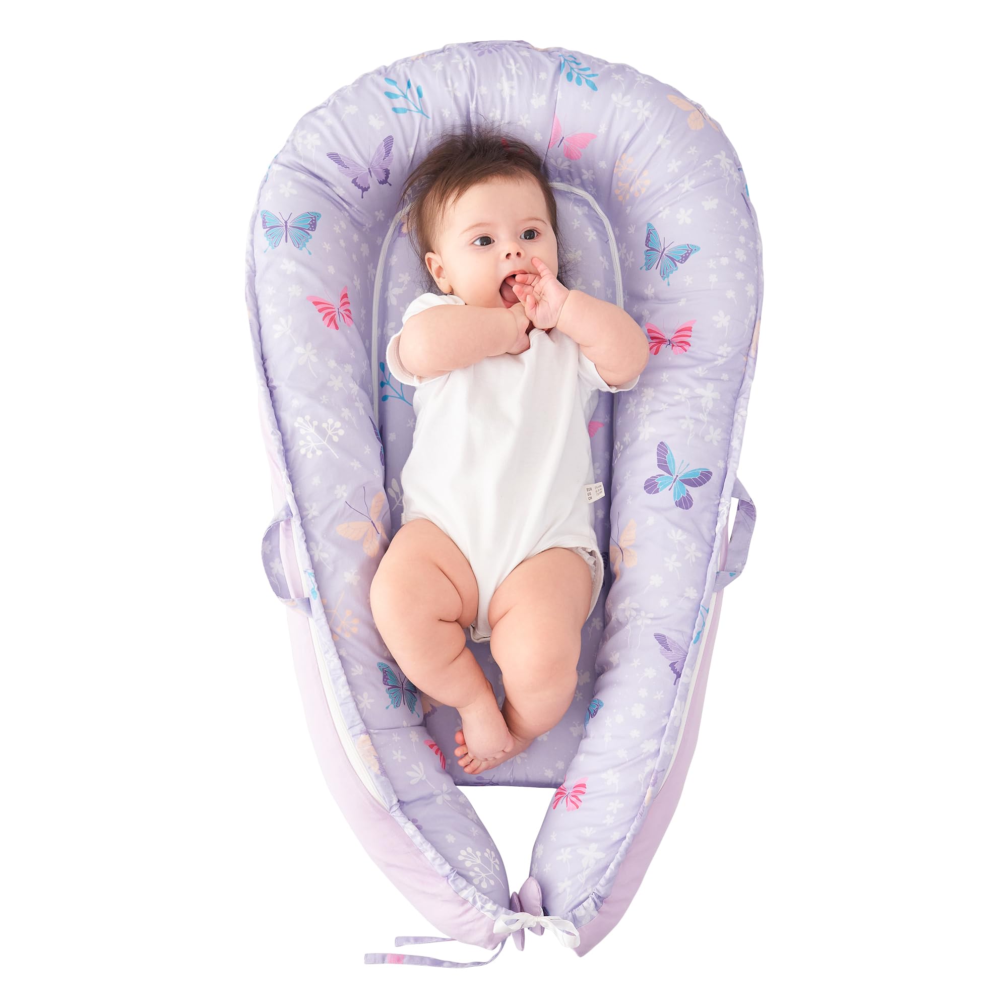 Viviland baby lounger butterfly design cover provides cozy, secure nesting for newborns.