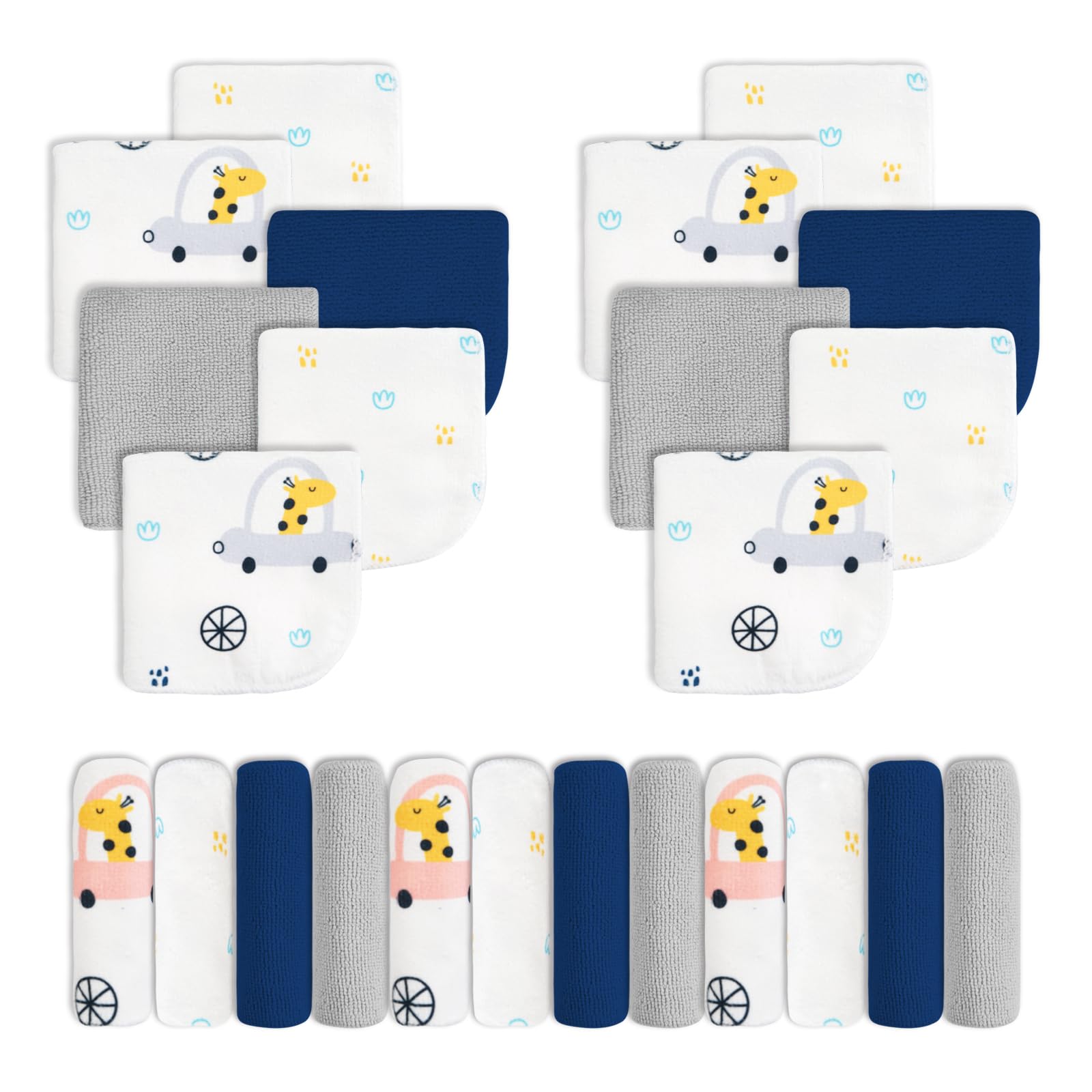 Viviland baby washcloth with blue giraffe pattern for gentle newborn baths.