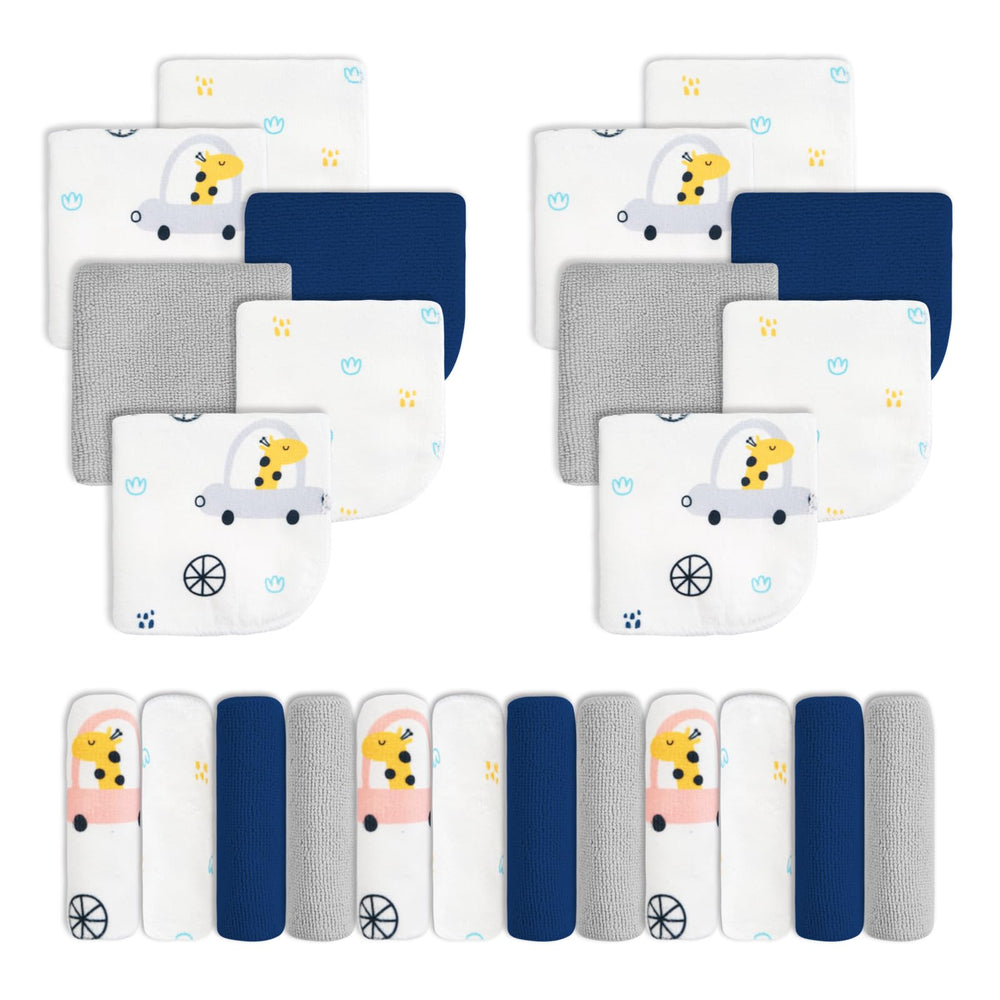 Viviland baby washcloth with blue giraffe pattern for gentle newborn baths.