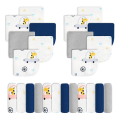 Viviland baby washcloth with blue giraffe pattern for gentle newborn baths.