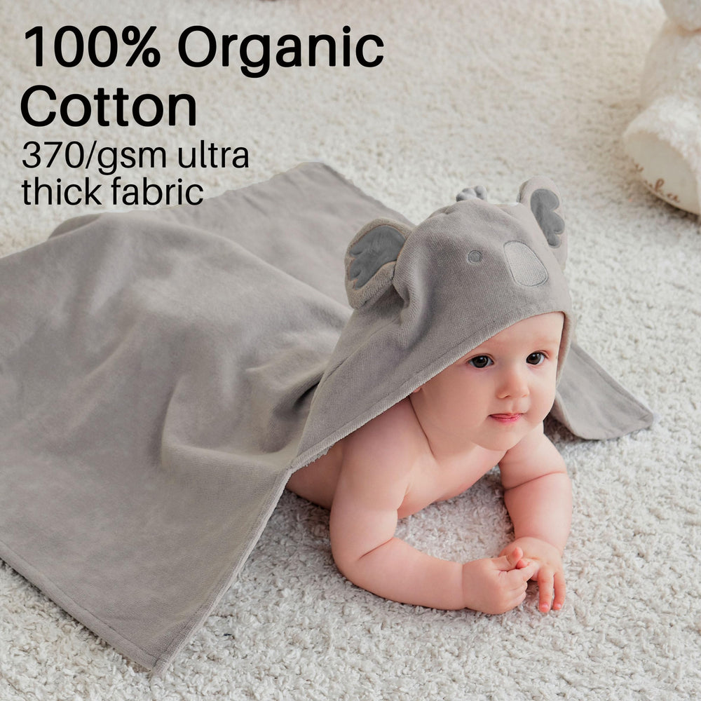 Viviland hooded towel koala design, plush fabric for quick moisture absorption.