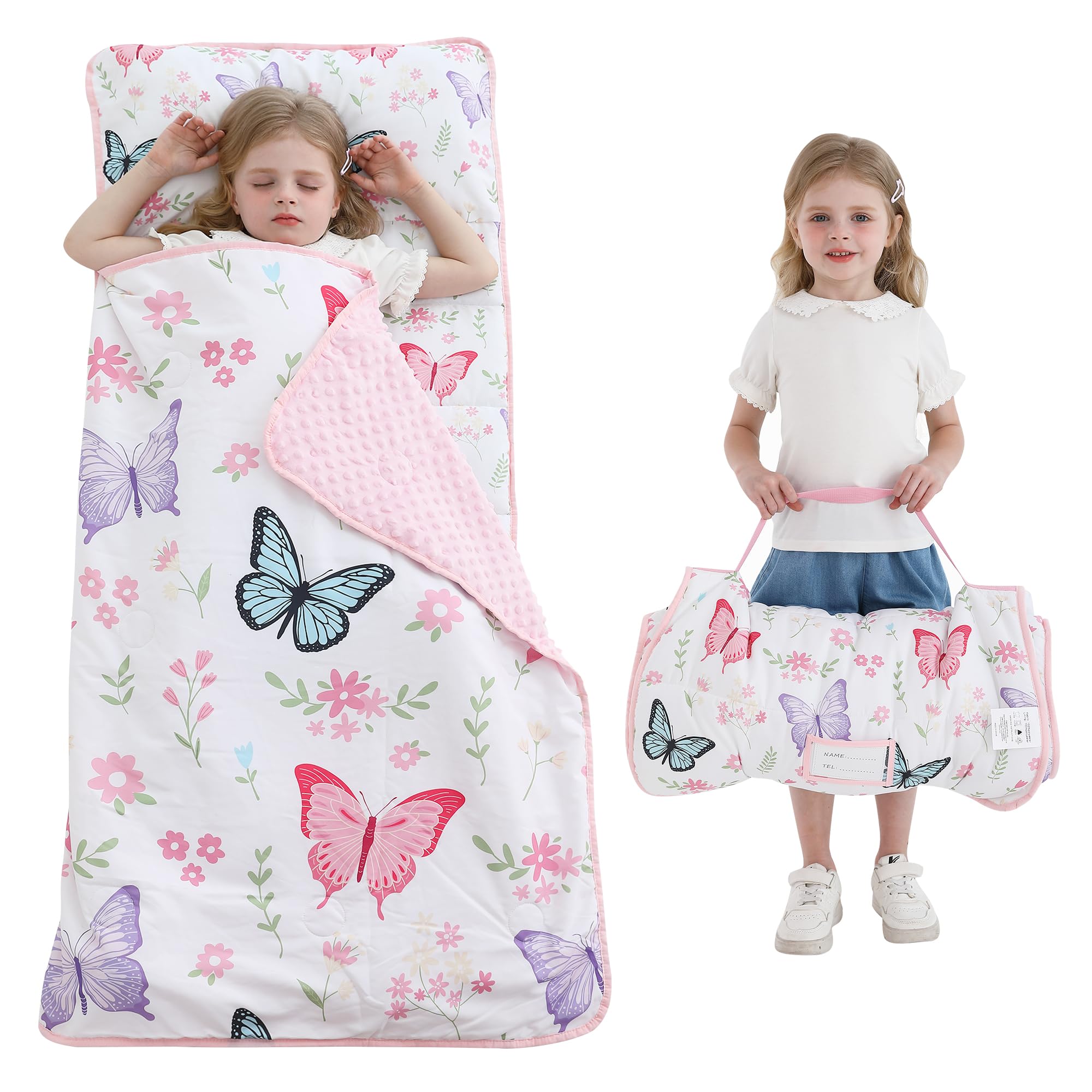 Viviland nap mat rolled with name tag for easy identification and portability.