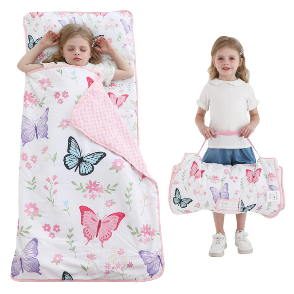 Viviland nap mat rolled with name tag for easy identification and portability.