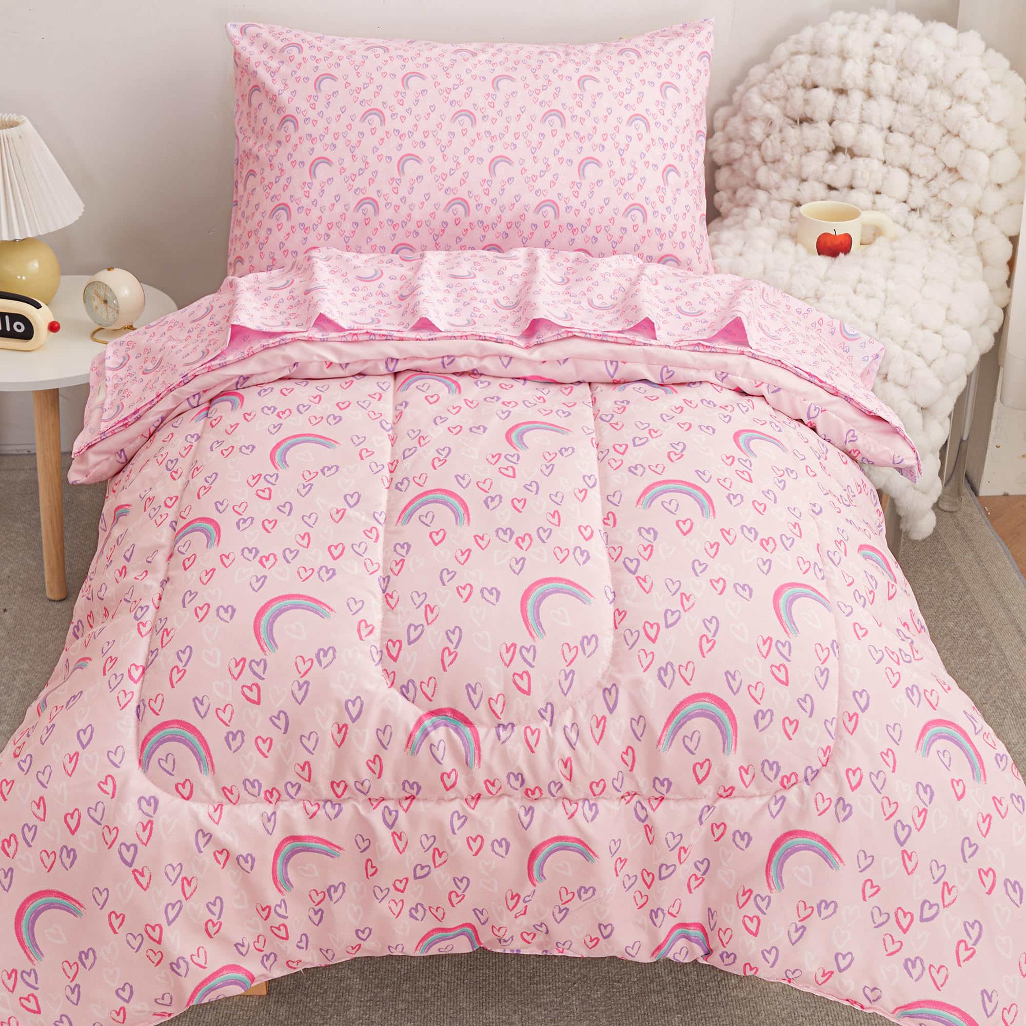 Viviland Rainbow Heart pink comforter shows soft microfiber for cozy nights