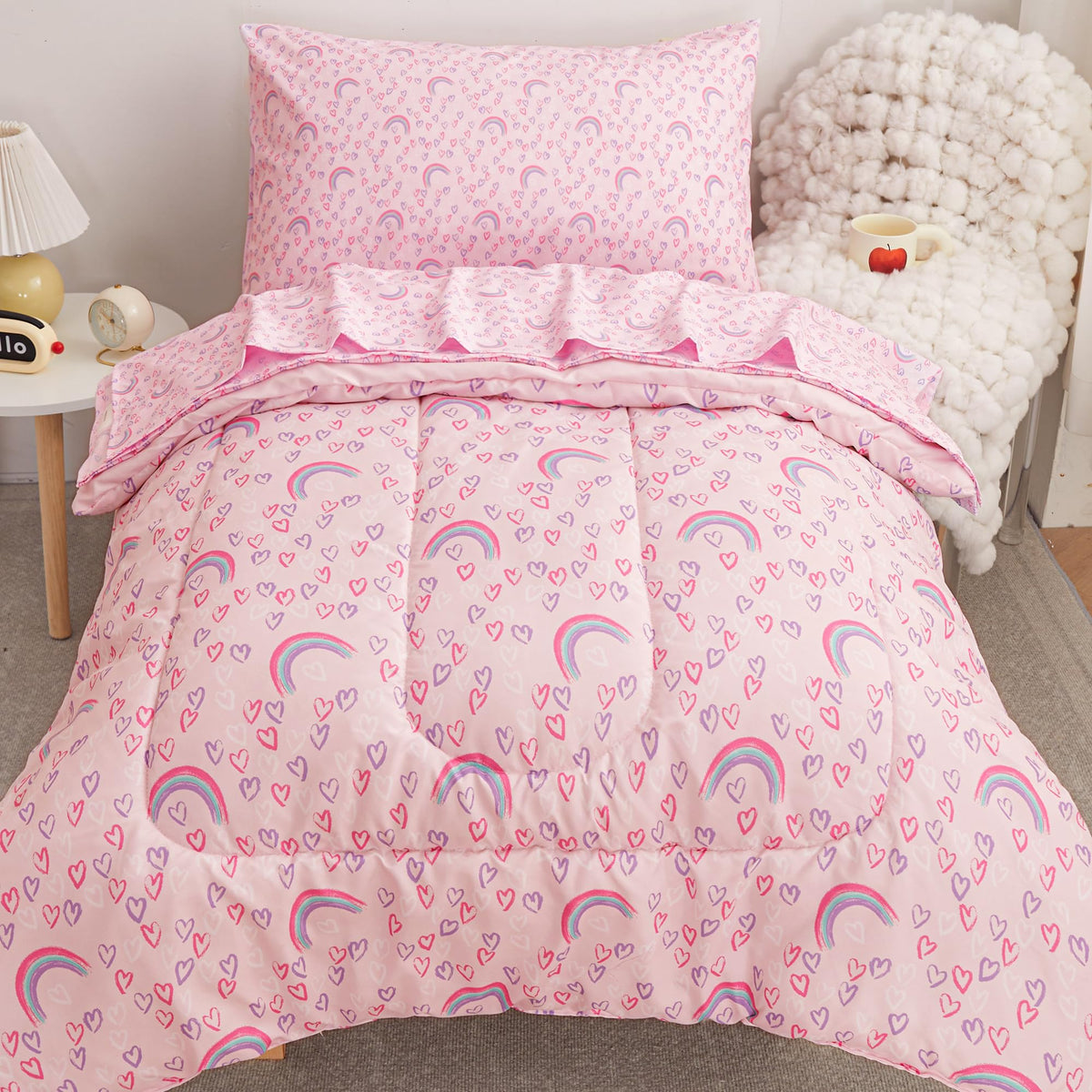 Viviland Rainbow Heart pink comforter shows soft microfiber for cozy nights