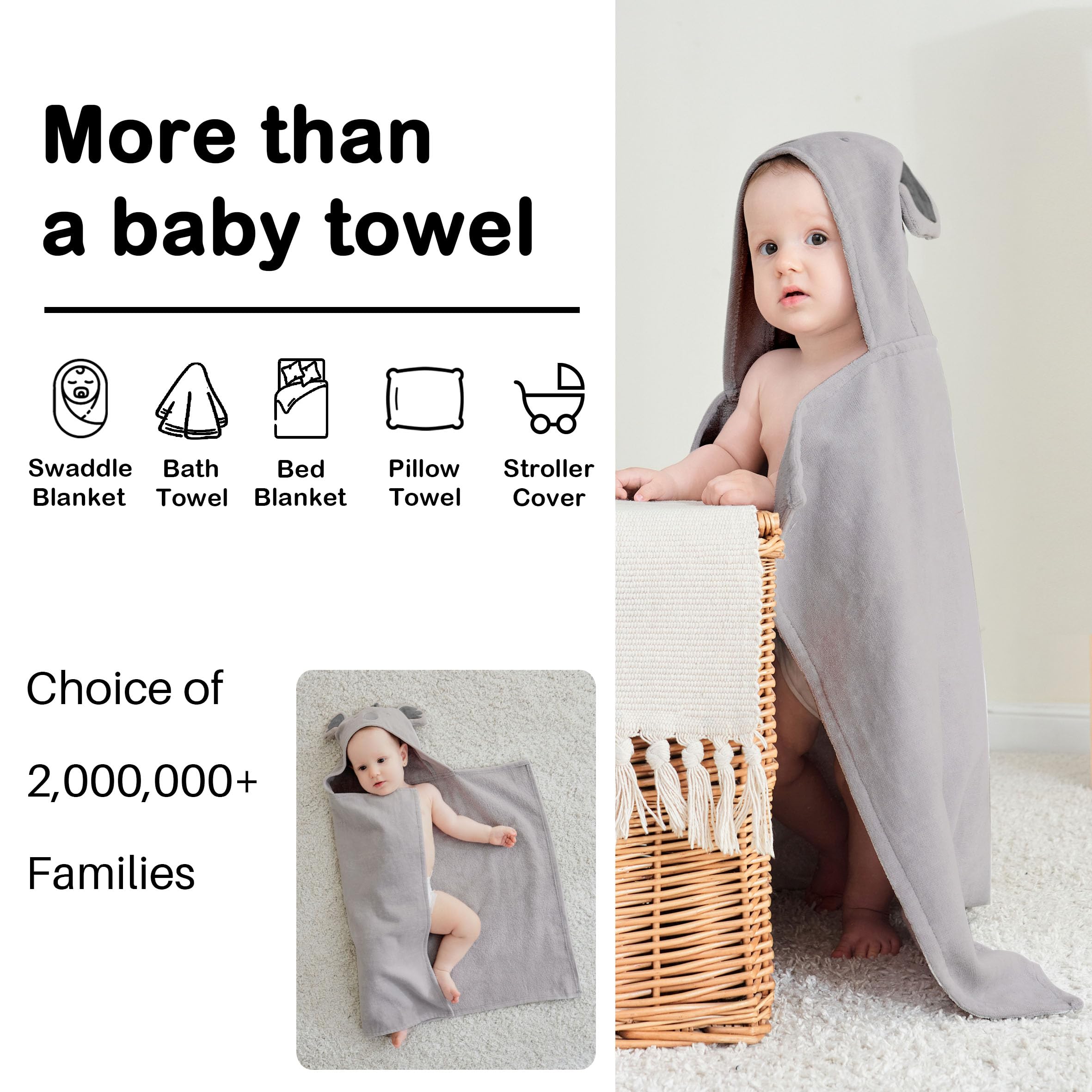 Viviland towel designs showcase blue elephant and koala patterns, family-friendly.