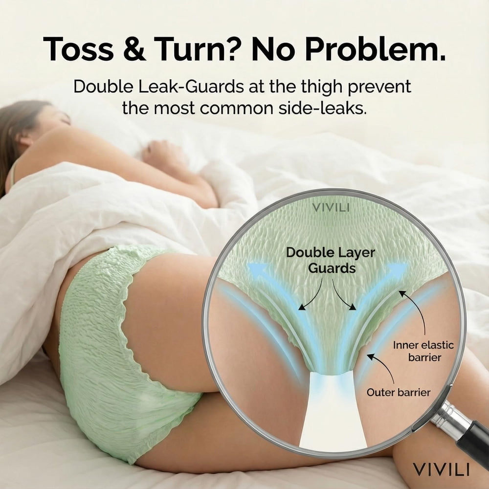 Vivili product closeup emphasizing anti-leak guards for heavy-flow nights