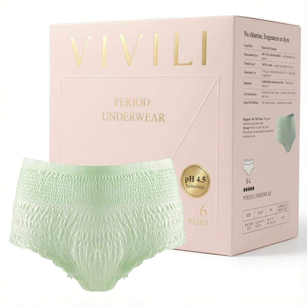 Vivili pH4.5 period underwear overnight in sage green, packshot highlighting protection