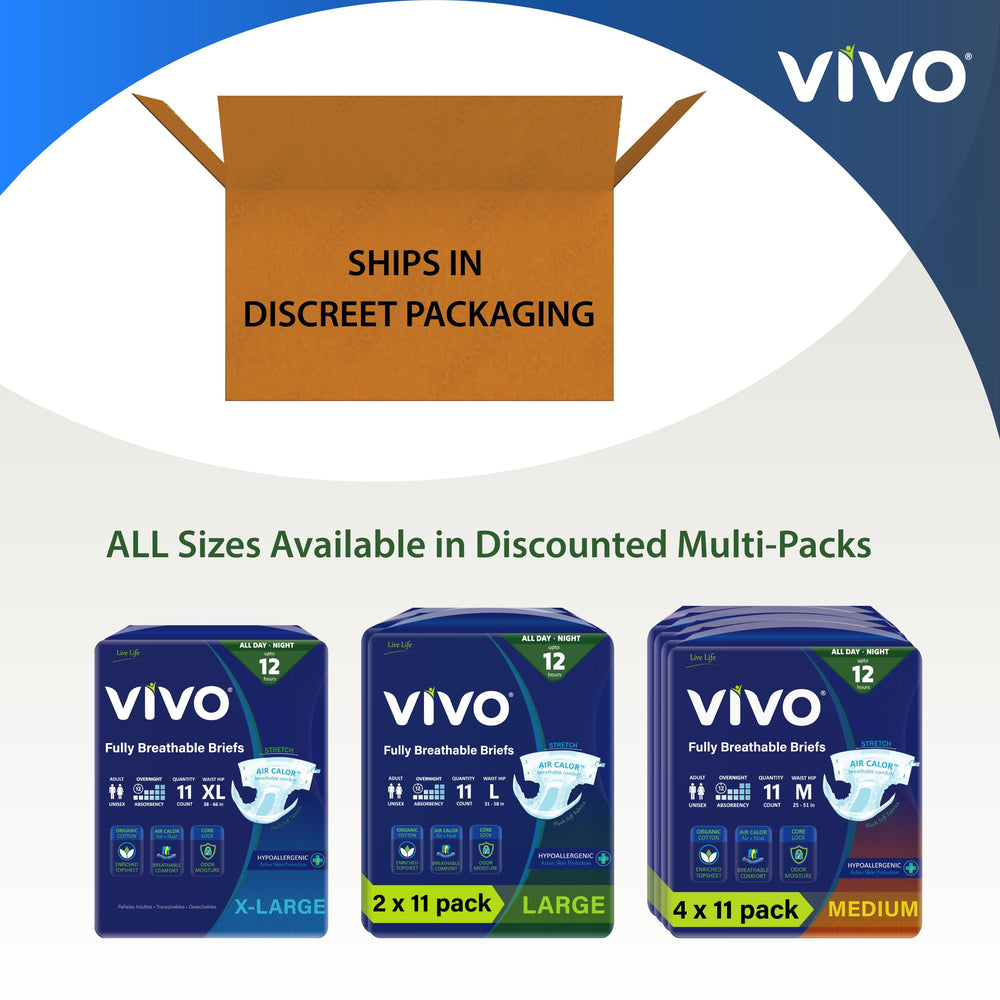 VIVO Organic Cotton Overnight briefs interior demonstrates air-calor care for comfort.