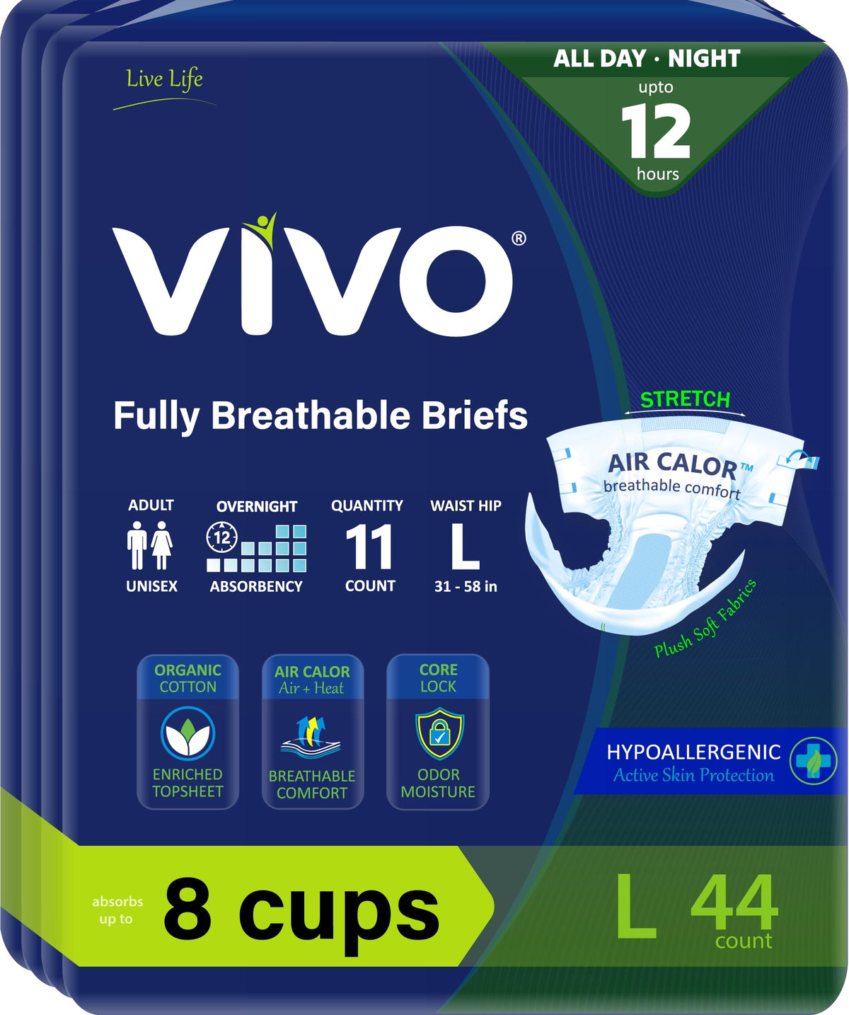 VIVO organic cotton overnight briefs with skin lining for sensitive skin comfort
