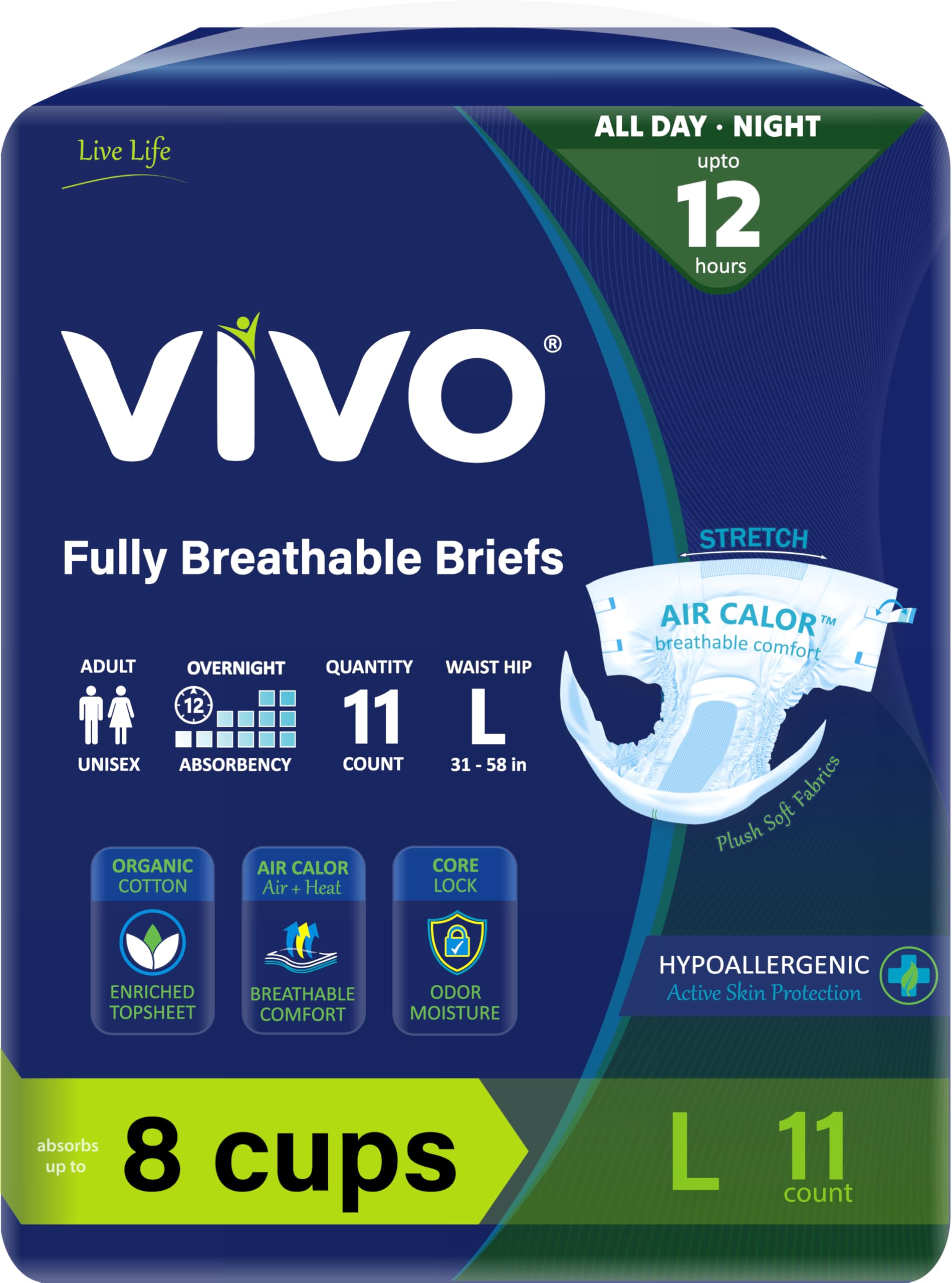 VIVO Organic Cotton Overnight Briefs with tabs for extended wear secure fit.