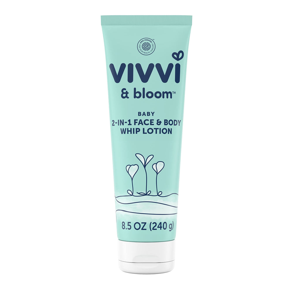 Vivvi & Bloom Gentle 2-in-1 lotion bottle showing the soft hydrating formula for delicate baby skin