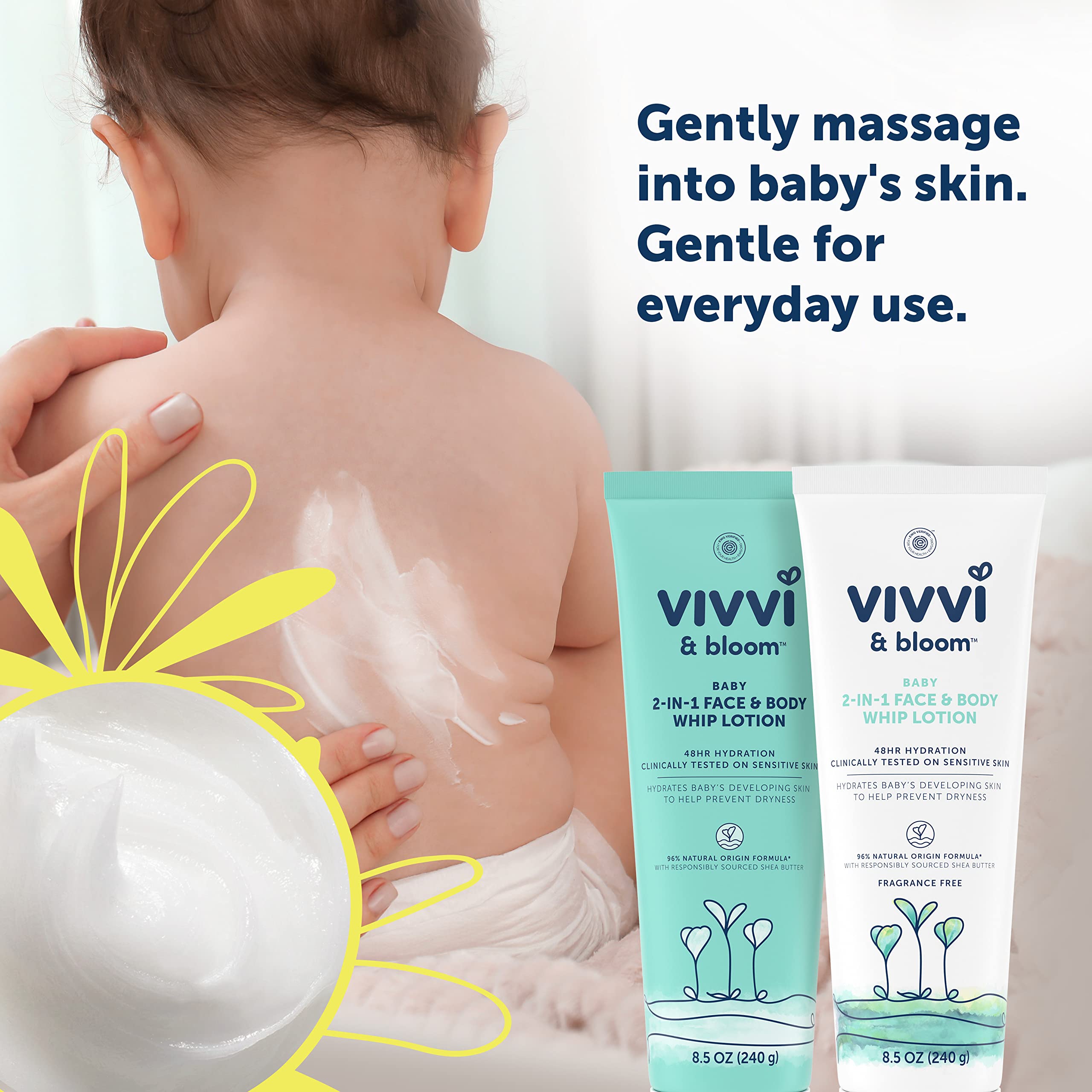 Applying Vivvi & Bloom lotion on baby's skin for gentle daily care