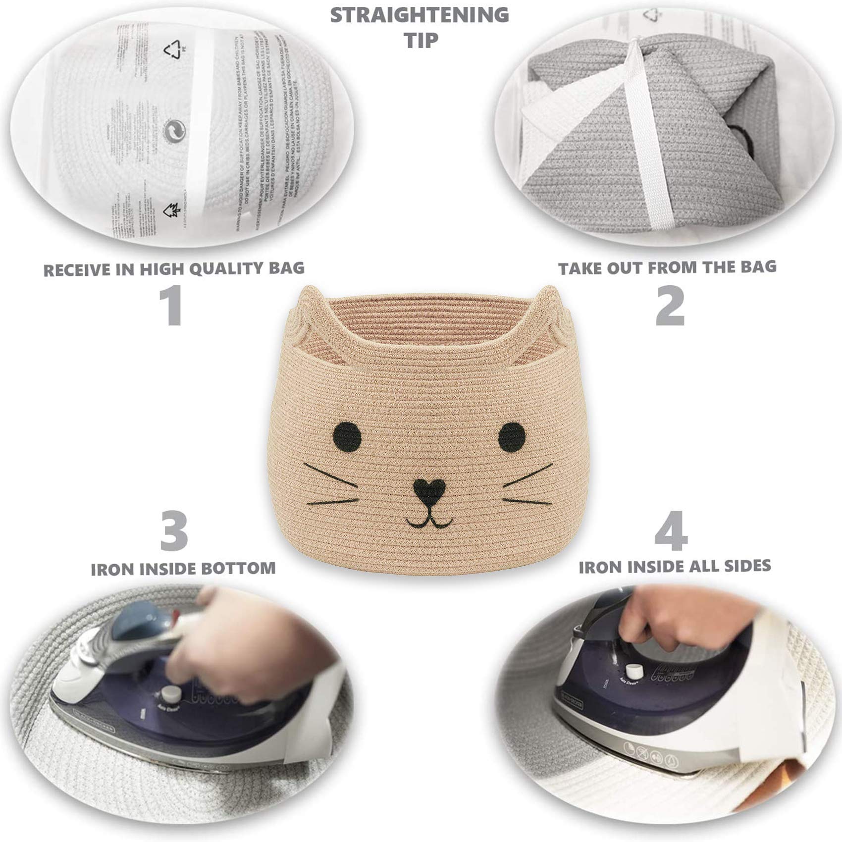 VK Living cat-face basket with easy-grip handles for quick carrying.