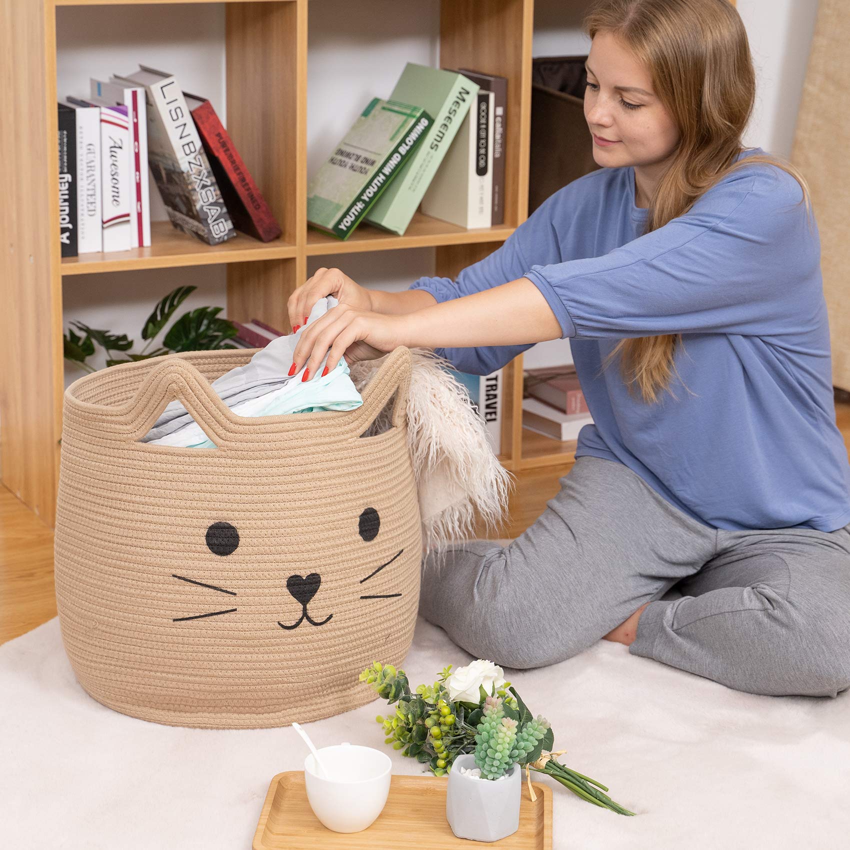 Neutral-color VK Living basket adds a decorative touch while organizing.