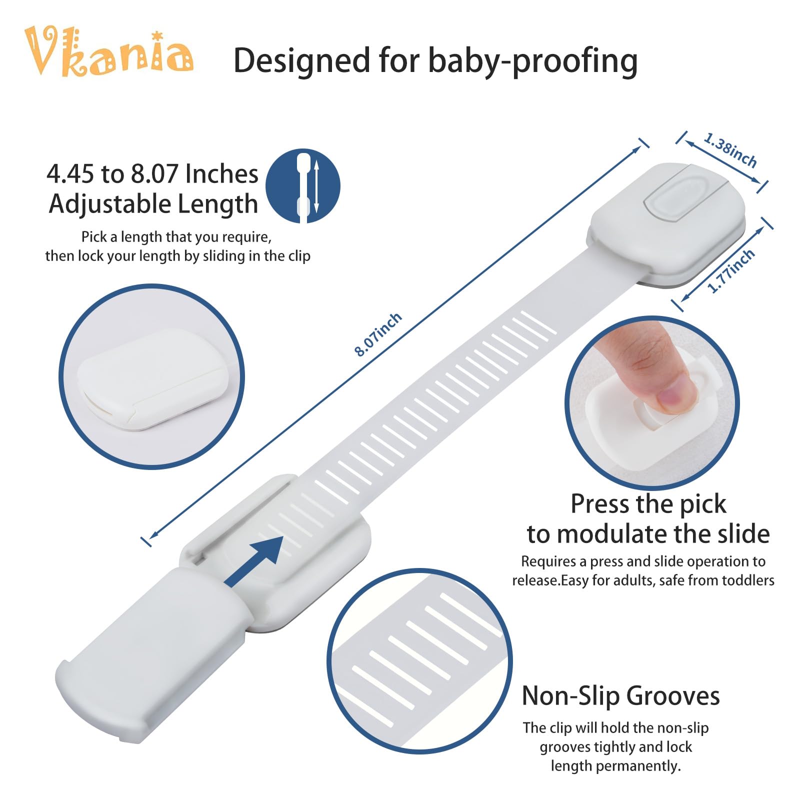 Vkania adhesive cabinet lock on door edge demonstrates easy no-drill installation.