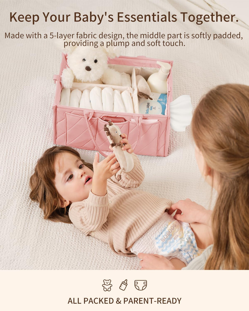 VKSAO Diaper Caddy in soft blush pink with reinforced base