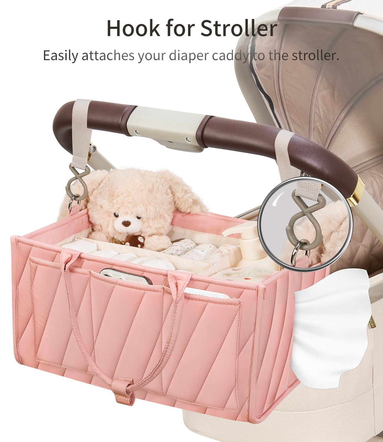 VKSAO Diaper Caddy on stroller hooks for hands-free transport