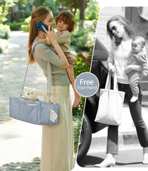 VKSAO caddy mounted on stroller hooks for hands-free diaper changing