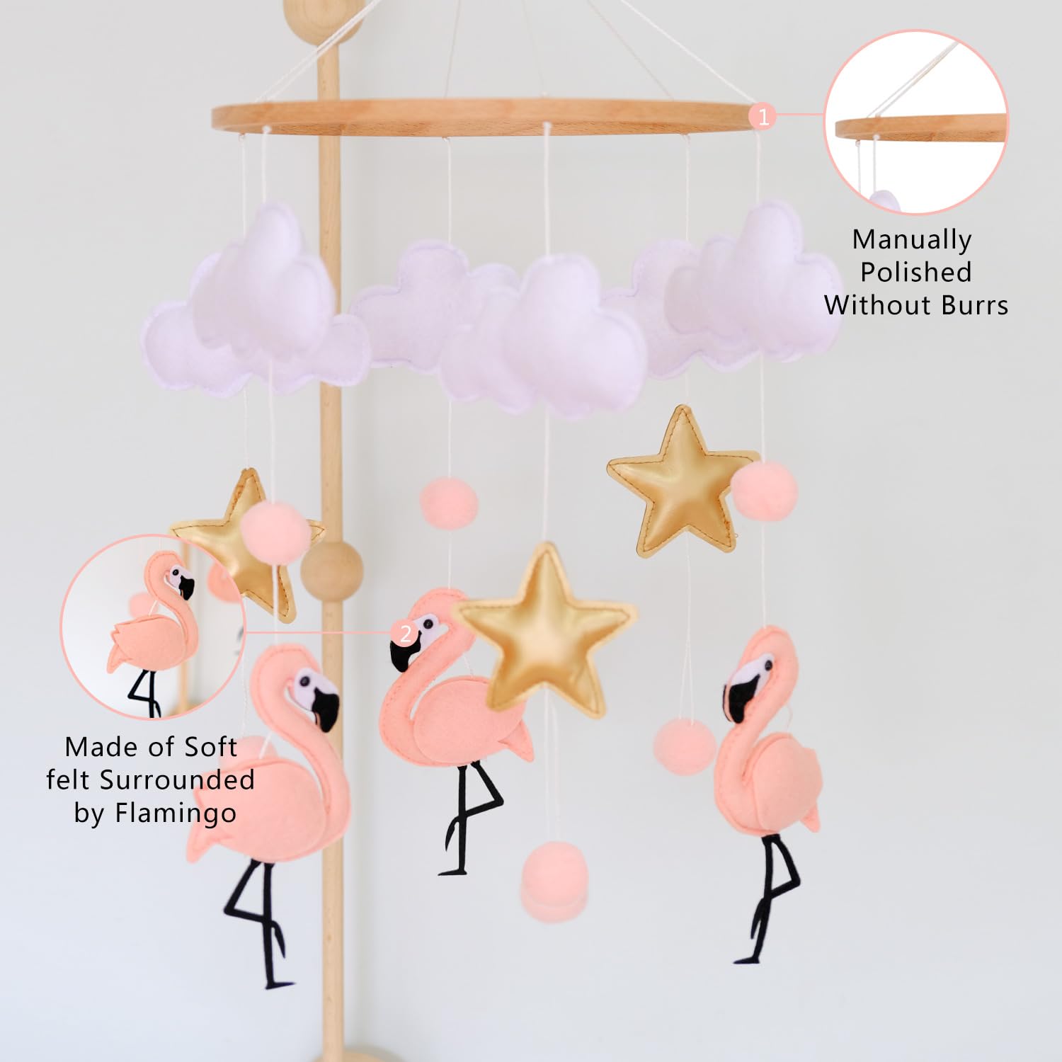 Vlokup boho flamingo mobile features soft felt for safe baby exploration.