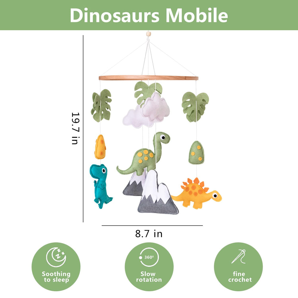 Vlokup moving dinosaurs captivate baby during quiet time.
