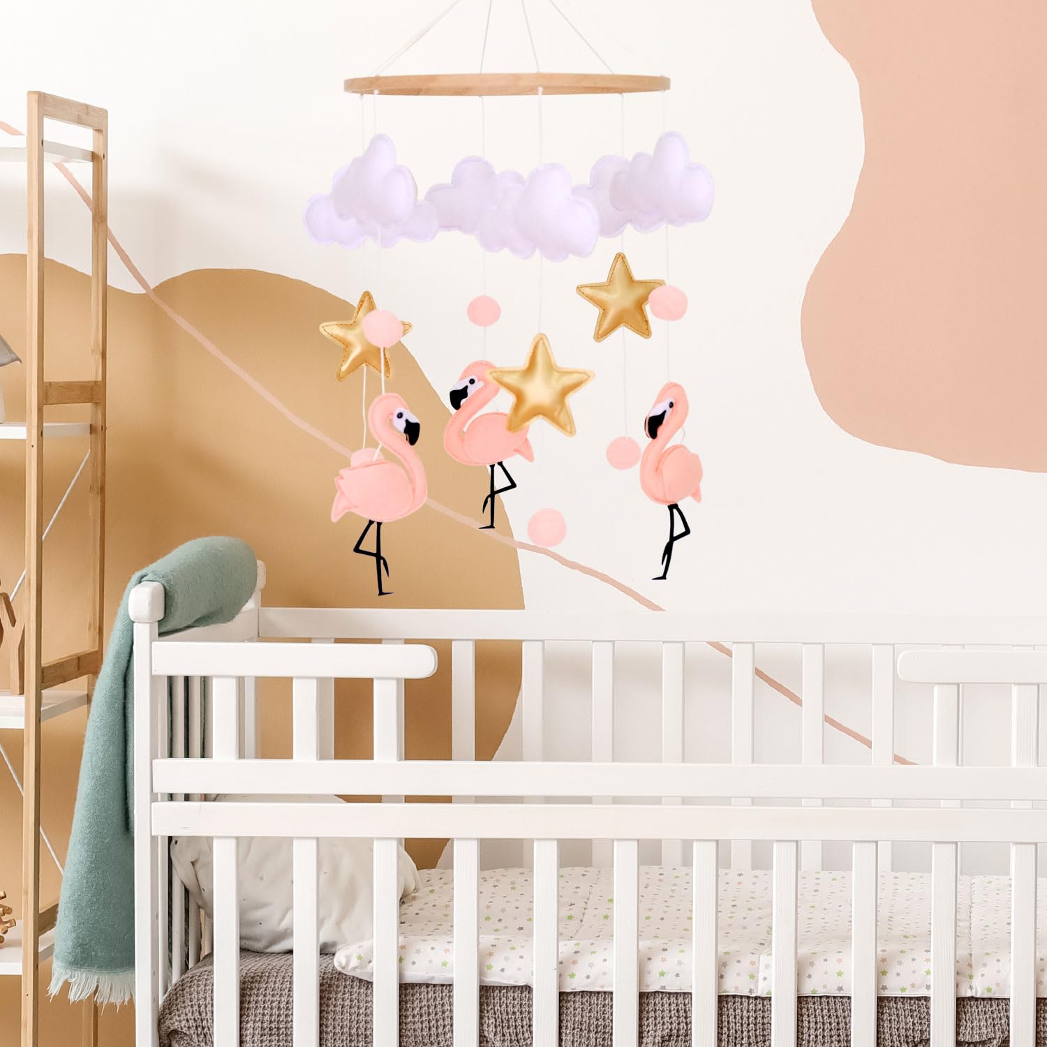 Vlokup soft material flamingo mobile provides tactile comfort for babies.