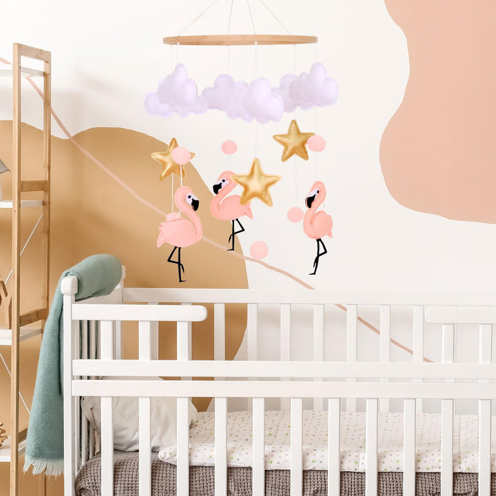 Vlokup soft material flamingo mobile provides tactile comfort for babies.