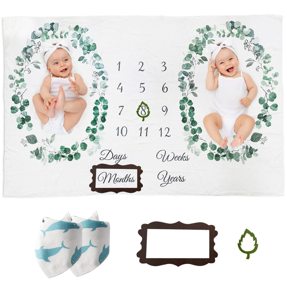 Vlokup Twins milestone blanket with leaf wreath for adorable newborn photos