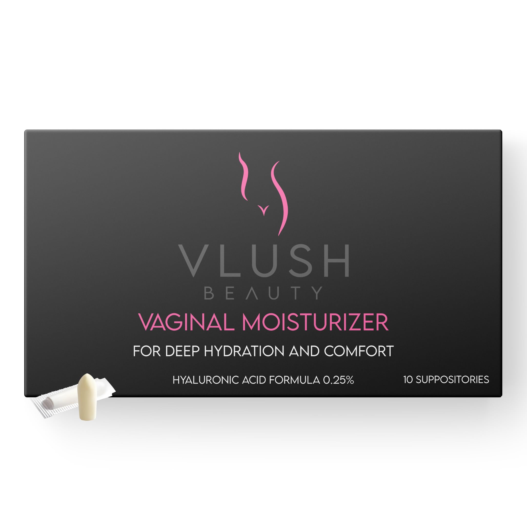VLUSH packaging of vaginal moisturizer suppositories for daily use
