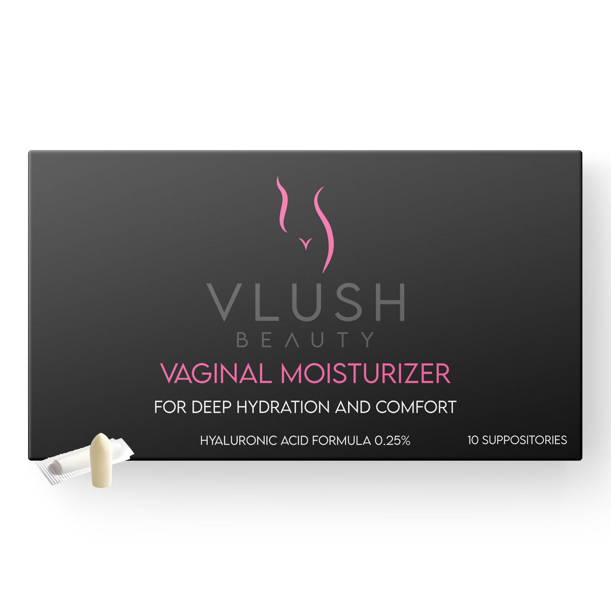 VLUSH packaging of vaginal moisturizer suppositories for daily use