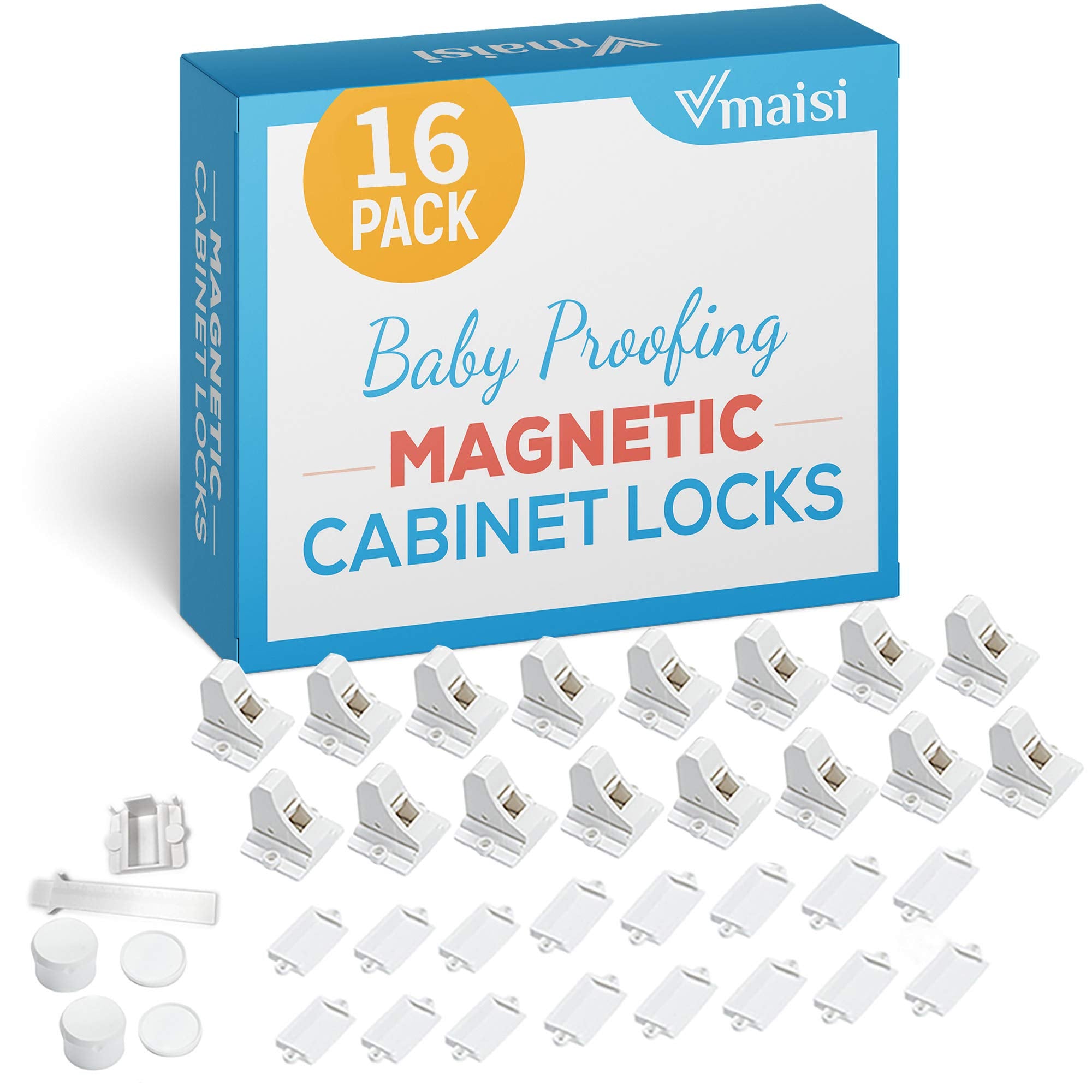 Vmaisi 16-pack magnetic cabinet locks displayed for kitchen safety