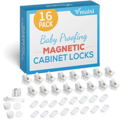 Vmaisi 16-pack magnetic cabinet locks displayed for kitchen safety