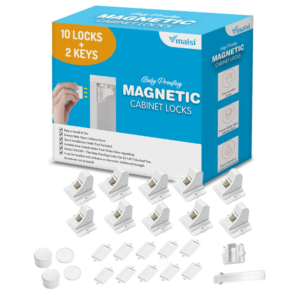 Vmaisi adhesive magnetic lock close-up showing a secure cabinet latch