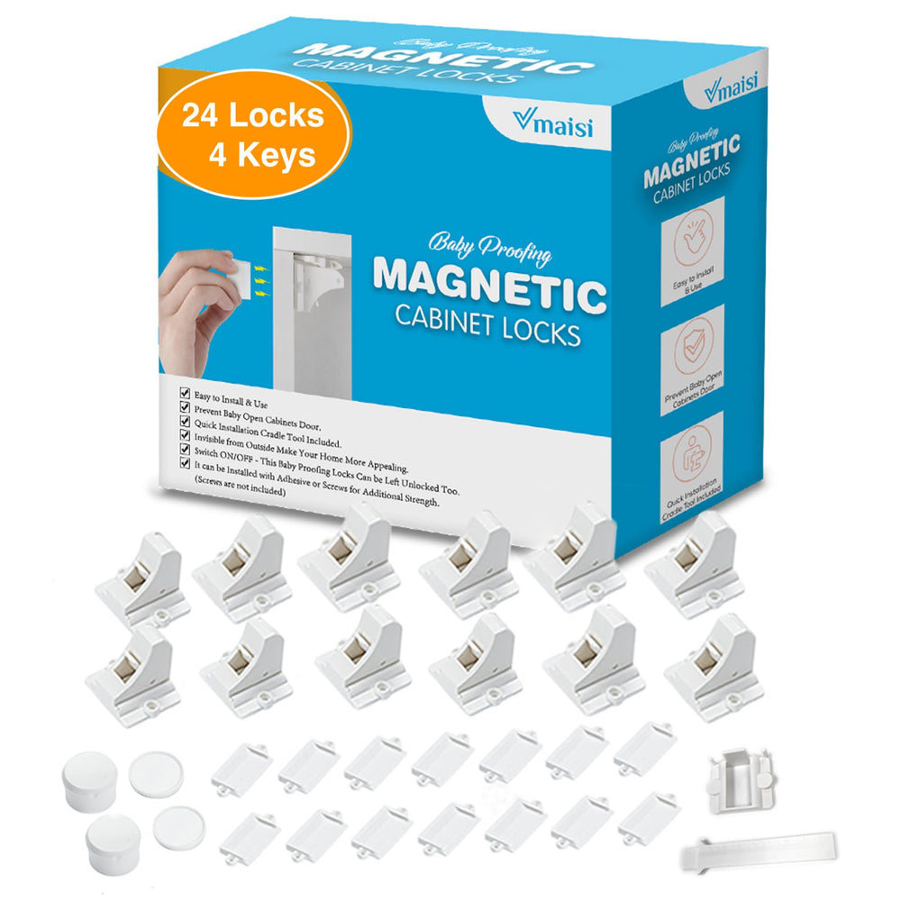 Vmaisi adhesive magnetic lock on cabinet closeup showing discreet hardware for safe storage